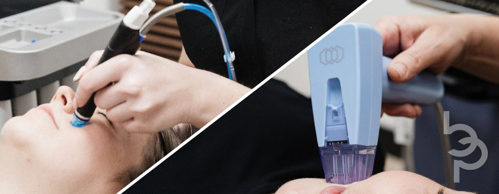 Microneedling and Hydrafacial header to describe the article covering the benefits of both.